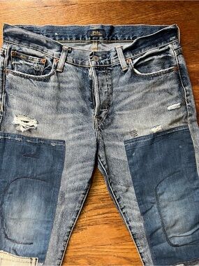 Polo by Ralph Lauren Men’s Faded Blue Patchwork Slim Straight Jeans
